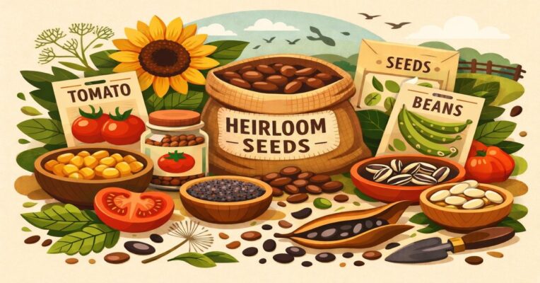 A gardener holding various dried heirloom seeds to demonstrate the importance of conserving heirloom seeds for biodiversity.