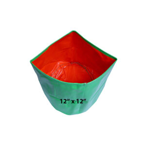 A green and orange 12x12 HDPE Grow Bag for terrace gardening with industrial stitching.