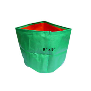 A 9x9 HDPE Grow Bag with green exterior and orange interior for growing spinach and coriander.