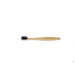 Small bamboo toothbrush for children with soft grey bristles.