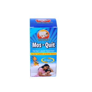 Mos-Quit herbal liquid mosquito vaporiser bottle with natural ingredients label.