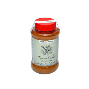A reusable jar of Nativus Farms Wild Tribal Turmeric Powder showing its deep golden color.