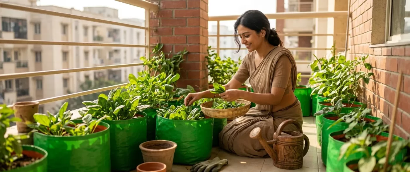 A beginner starting a home garden on an urban balcony with organic soil.