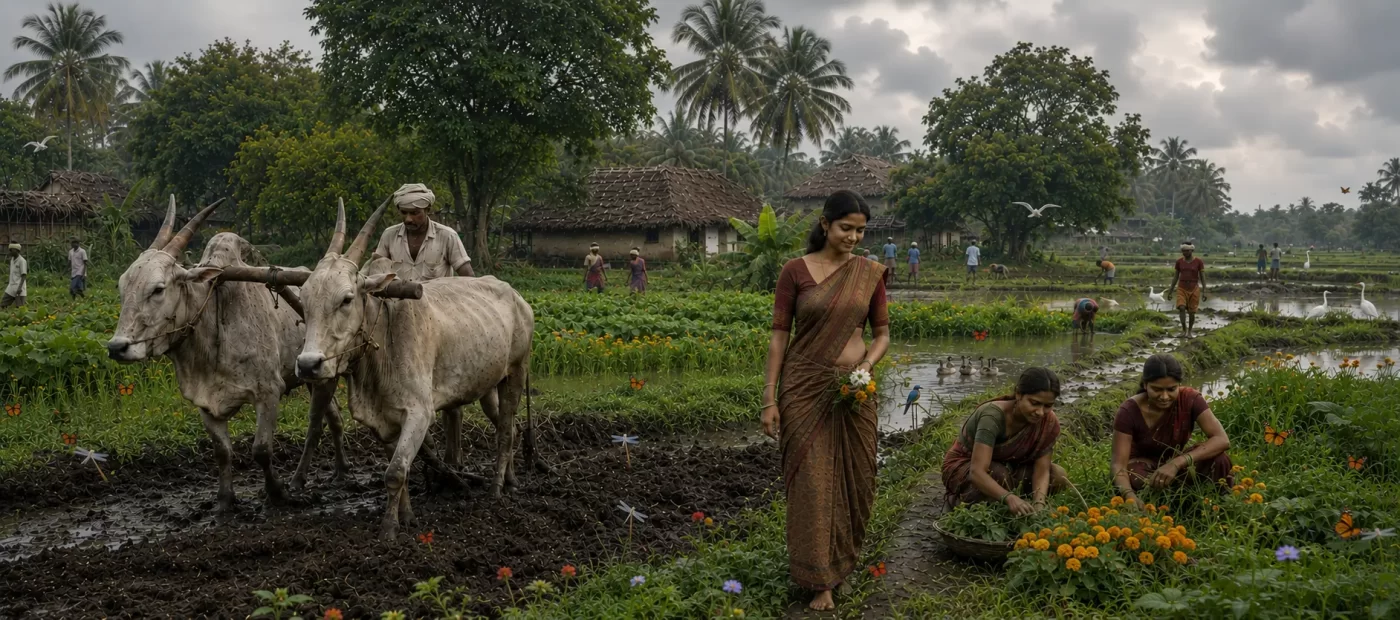 A lush, biodiverse Indian farm showcasing multi-cropping, native trees, and traditional livestock.