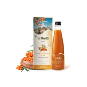 A premium amber glass bottle of Nativus Farms Sea Buckthorn Juice Pulp surrounded by fresh, vibrant golden berries.
