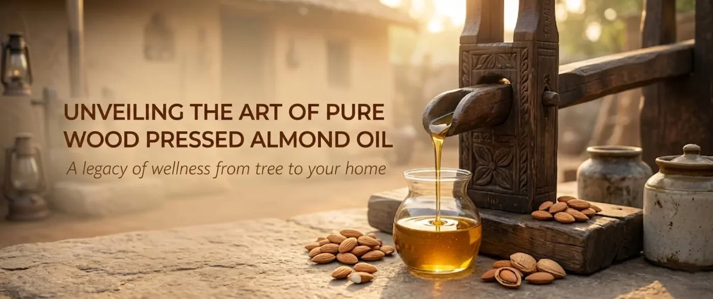 A clear glass bottle of golden Nativus Farms woodpressed almond oil surrounded by raw almonds on a wooden surface.