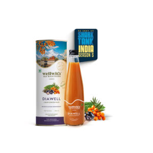 Premium glass bottle of Well With Life Sea Buckthorn DiaWell 300ml liquid concentrate promoted by Nativus Farms, surrounded by wild Ladakh berries.