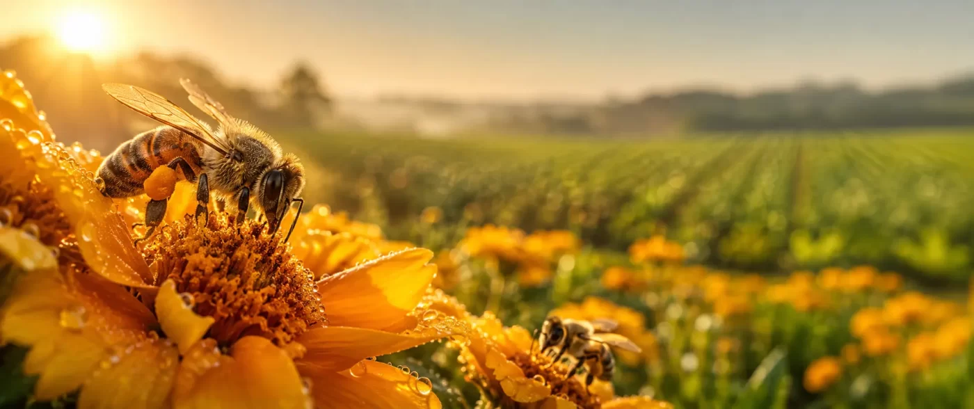 A golden honey bee pollinating a mustard flower in an organic Indian farm field.