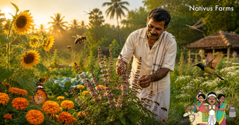 An Indian honeybee collecting nectar from a bright orange marigold flower in an organic farm setting.