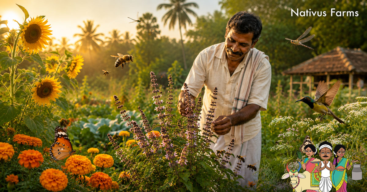 An Indian honeybee collecting nectar from a bright orange marigold flower in an organic farm setting.