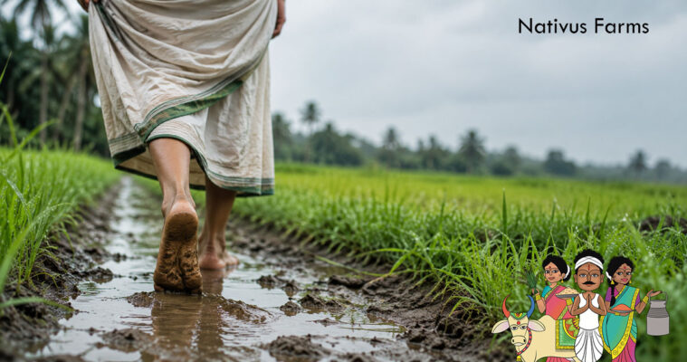 Person walking barefoot on natural grass and soil during sunrise in an Indian park, demonstrating the health benefits of barefoot walking and grounding.