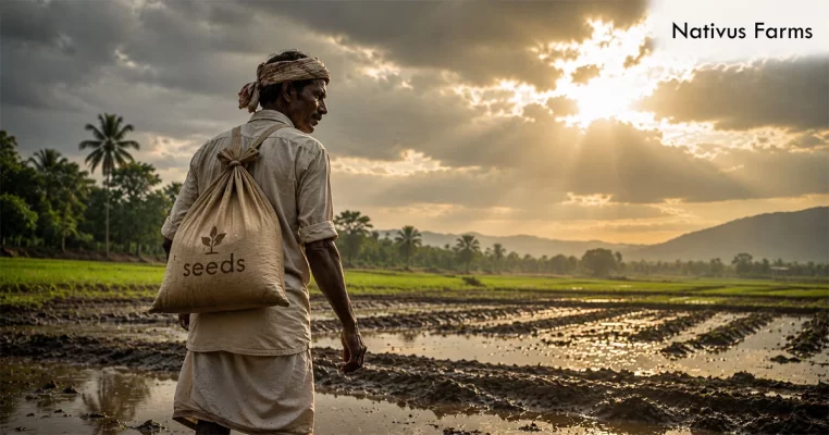 An Indian farmer holding dry, parched soil in his hands, looking up at the monsoon clouds, waiting for the first rain to sow seeds.
