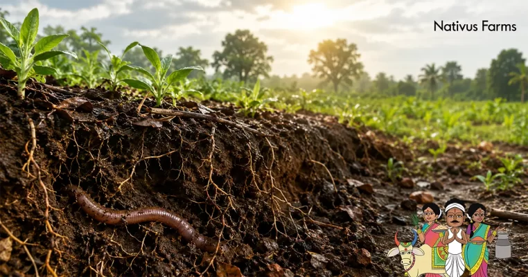 An earthworm emerging onto moist damp soil after monsoon rain, illustrating soil health and biodiversity.