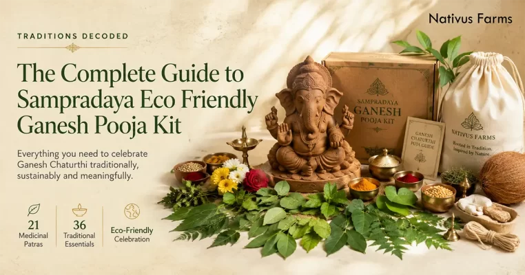 Sampradaya Eco Friendly Ganga Ganesh Pooja Kit with 20 cm Ganga Clay Idol and 21 sacred medicinal leaves by Nativus Farms.