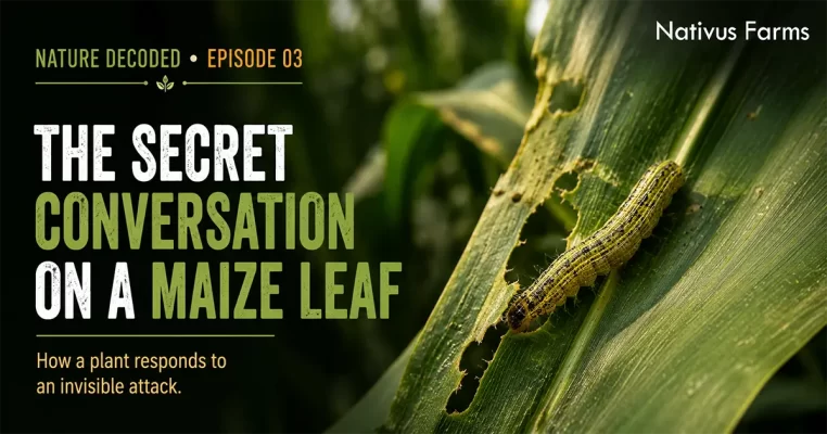 A caterpillar feeding on a leaf triggering the maize plant defence system.