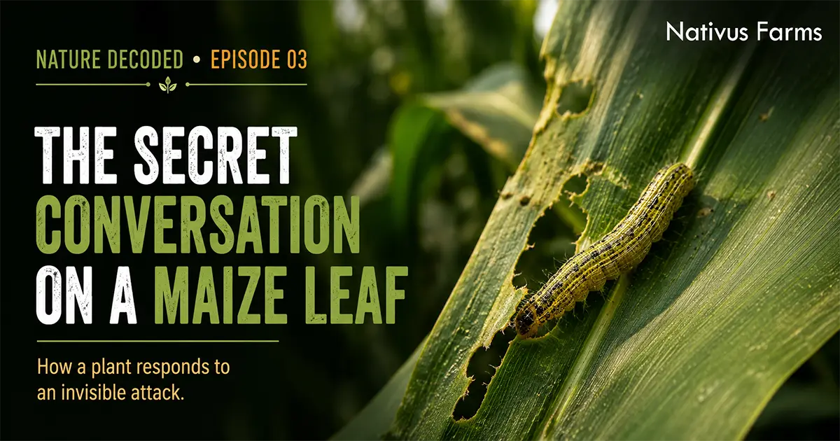 A caterpillar feeding on a leaf triggering the maize plant defence system.