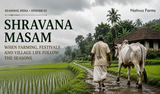 Green paddy fields during the Shravan monsoon farming traditions season in rural India