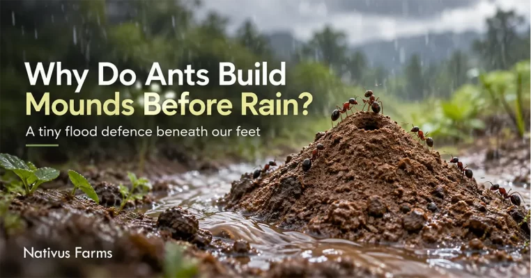 Ants building a raised soil mound around their nest before rain to help protect the entrance from water.